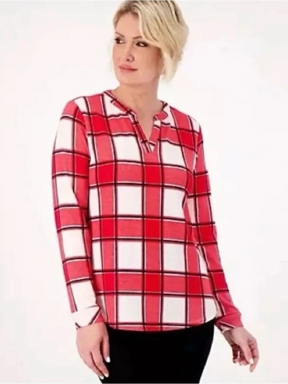 Denim & Co. Printed Heavenly Jersey Plaid Split-Neck Long Sleeve Top